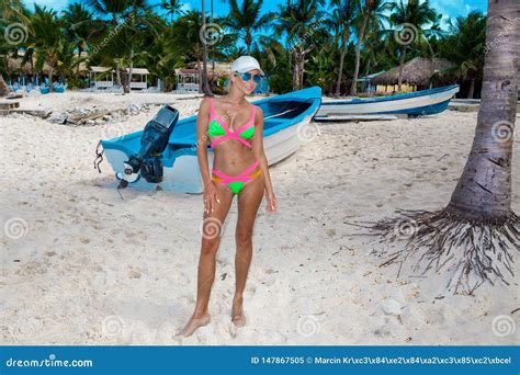 Beautiful Woman In A Bikini On The Beach In The Dominican Republic Stock Image Image Of