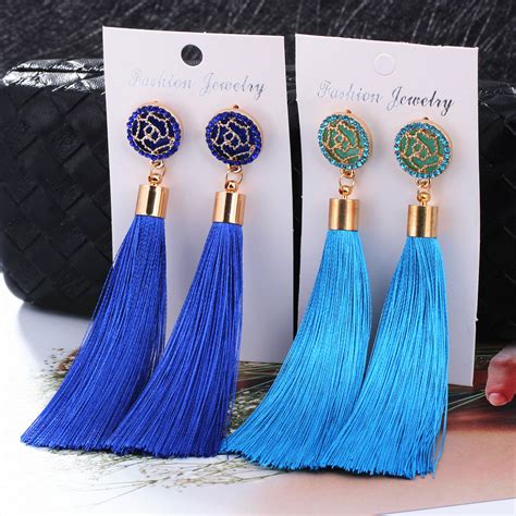 lzhlq bohemian crystal tassel earrings black white blue red pink silk fabric long drop dangle