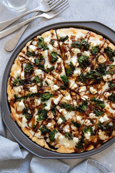 Caramelized Onion Goat Cheese And Kale Pizza With Balsamic Drizzle