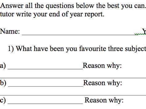 Student Reflection Sheet To Help Tutors Write End Of Term Reports