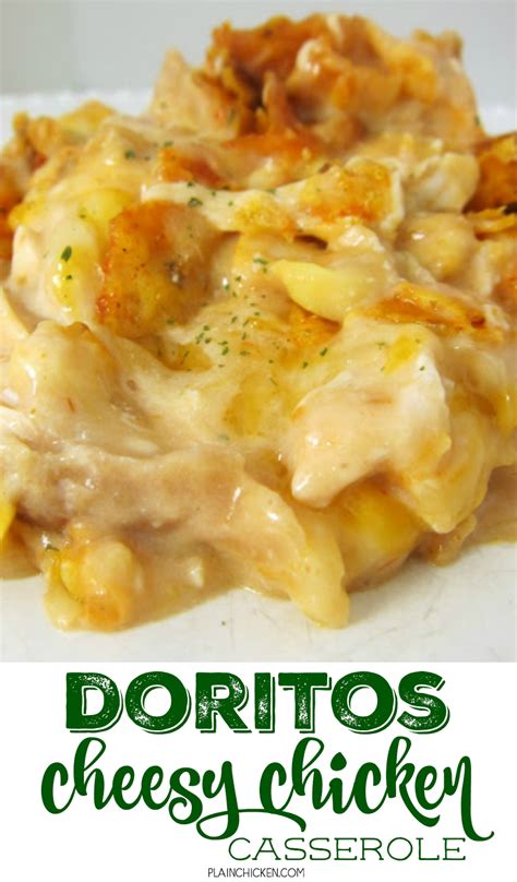 Stir chicken, 1 cup mexican cheese blend, salsa, cream of mushroom soup, cream of chicken soup, and sour cream together in a bowl. Doritos Cheesy Chicken Casserole | Plain Chicken®