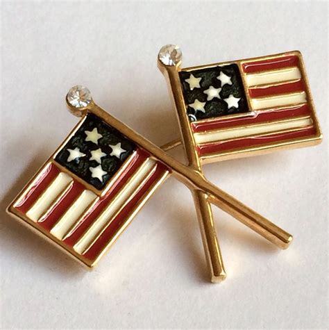 Gold American Flag Pin Brooch Crystal Enamel Patriotic July 4 Plated
