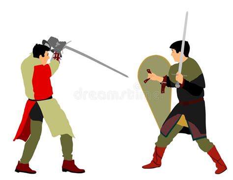 Knights In Armor With Sword Fight Vector Illustration Isolated