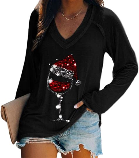 Buy Womens Christmas Fleece Pullover Shirts Wine Glass Graphic Long