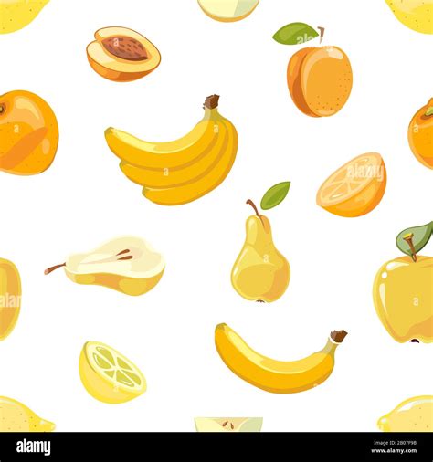 Yellow Fruits Seamless Pattern Over White Background Banana Pear And