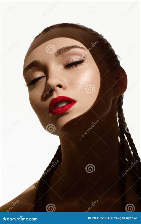 Beauty Portrait Of Young Fashion Woman With Red Lipstick Stock Photo