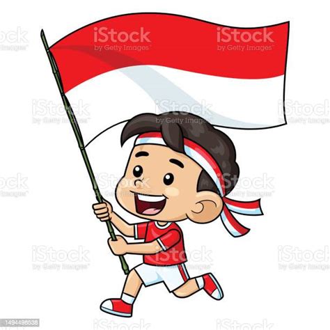 Anak Lakilaki Memegang Bendera Indonesia Sambil Berlari Dengan Gembira