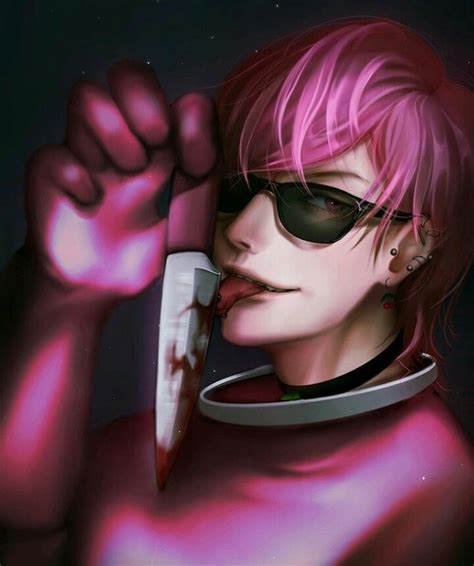 A Woman With Pink Hair And Sunglasses Holding A Knife