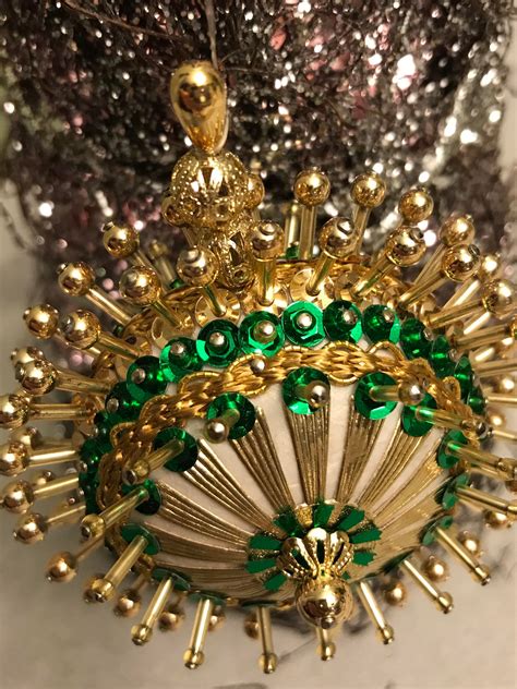 Vintage Beaded Sequined Christmas Tree Ornament Green And Gold Bauble