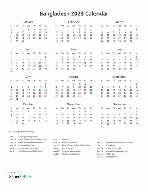 2023 Bangladesh Calendar With Holidays