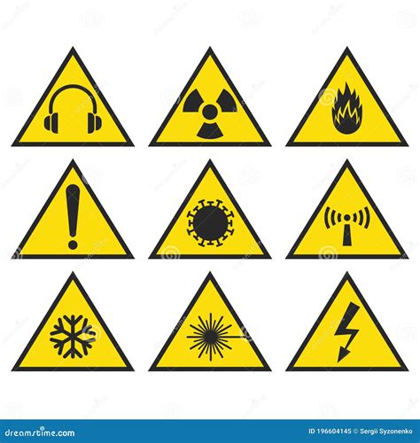 Safety Signs Set Yellow Triangle Shape Communicate Hazards Precautions Information Symbols