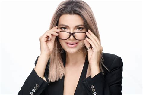 Stylish Attractive Woman Adjusting Glasses Eye And Vision Care Concept