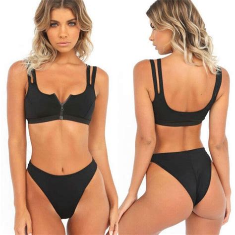 Hot Sale Zip Swimwear Sexy Women Triangle Bikini Set Bandage Push Up