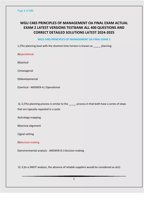 WGU C483 PRINCIPLES OF MANAGEMENT OA FINAL EXAM ACTUAL EXAM 2 LATEST