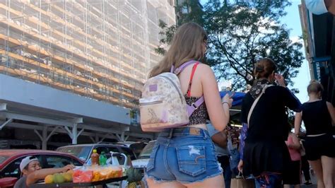 beautiful blonde teen in sexy denim shorts with ass hanging out candid teens creepshots