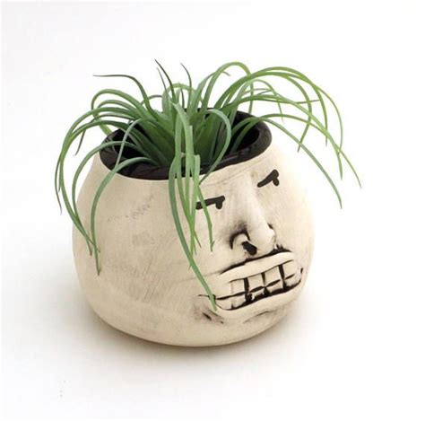 A Potted Plant With A Face Drawn On Its Side And Grass Growing Out Of