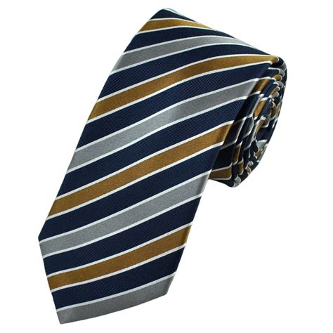 Gold Silver Navy Blue And White Striped Patterned Silk Tie From Ties