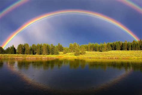 Summer Rainbow Forest Sky Light Reservoir Lake River Water