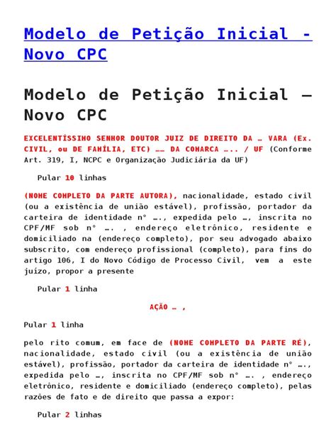 Modelo De Petição Inicial Novo Cpc Réu Informação Governamental