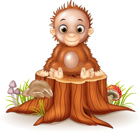Cartoon Cute A Baby Monkey Sitting On Tree Stump Stock Vector