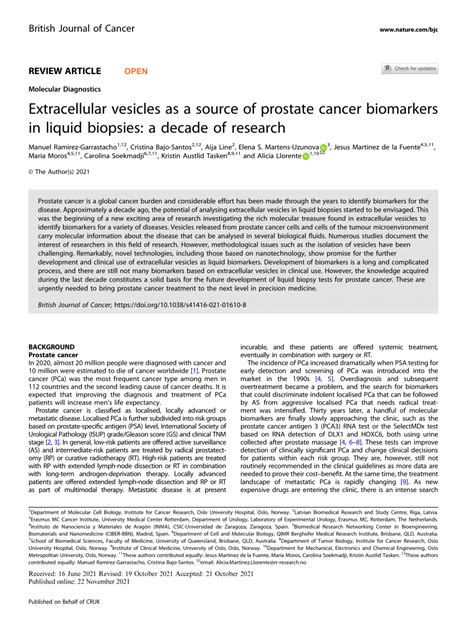 Pdf Extracellular Vesicles As A Source Of Prostate Cancer Biomarkers In Liquid Biopsies A
