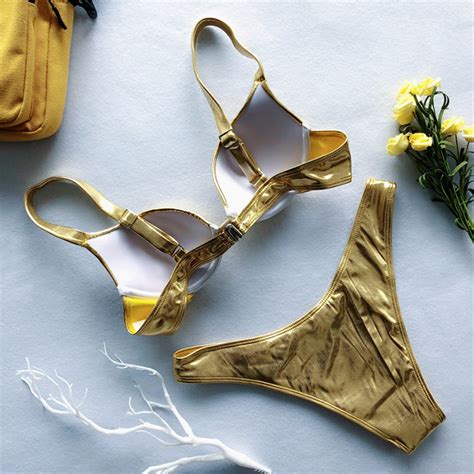 2020 sexy reflective shiny gold metallic brazilian push up bikini set 2020 lady high cut