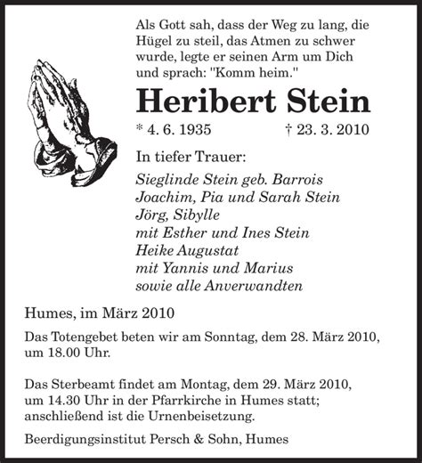 traueranzeigen von heribert stein saarbruecker zeitung trauer de