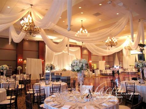 Wedding, linens, wedding decor, wedding decorations, elegant events, wedding white and black, fabric, lights, beautiful wedding, chair covers, napkins, bow napkin, table setting, ceiling drape. Elegant illuminated ceiling draping by Rachel A. Clingen ...