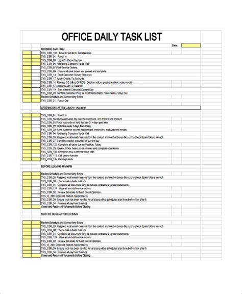 Daily Task Employee Task List Template