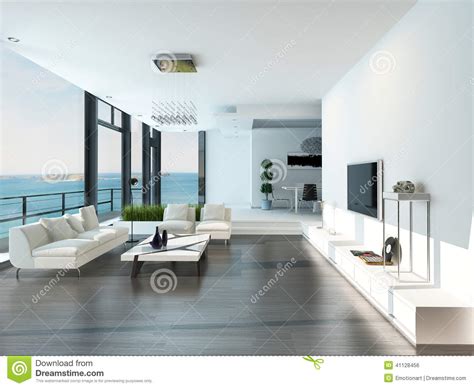 Luxury Living Room Interior With White Couch And Seascape