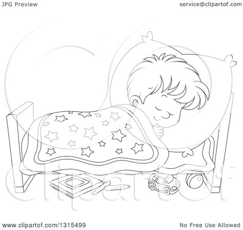 Clipart Of A Cartoon Black And White Boy Sleeping Peacefully In A Bed