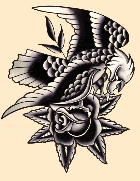 Traditional Eagle By Mr Skully Rose Tattoo Artwork Canvas Art Print