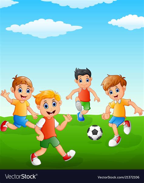 Happy Kids Playing Soccer On The Field Royalty Free Vector