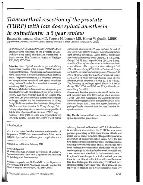 Pdf Transurethral Resection Of The Prostate Turp With Low Dose Spinal Anesthesia In