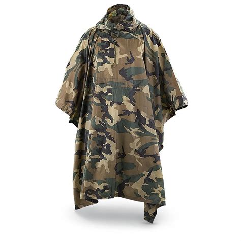 Military Style Woodland Poncho With Black Liner 182929 Camo Rain