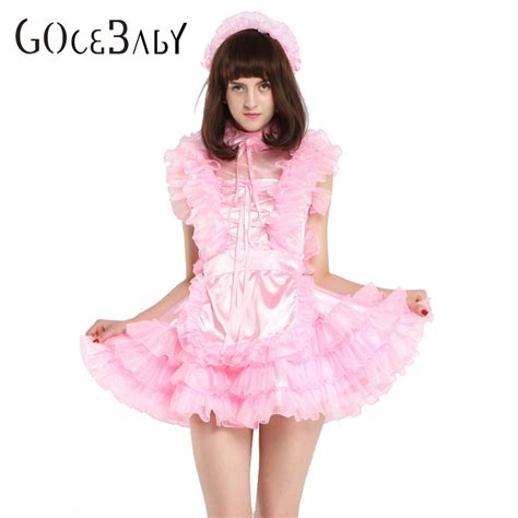 sissy girl maid sleeveless satin puffy pink dress unfiorm cressdress crossdress cosplay costume