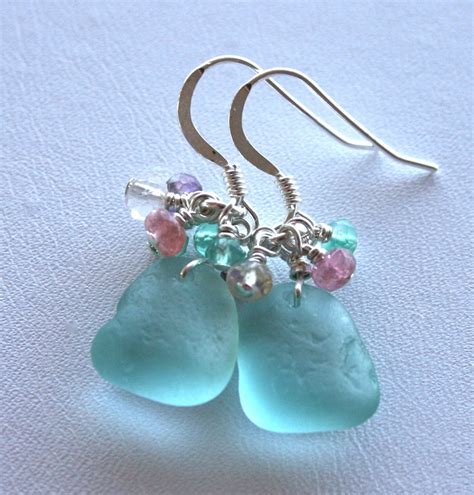 Sea Glass Jewelry Dark Aqua Earrings Tourmaline Stelring