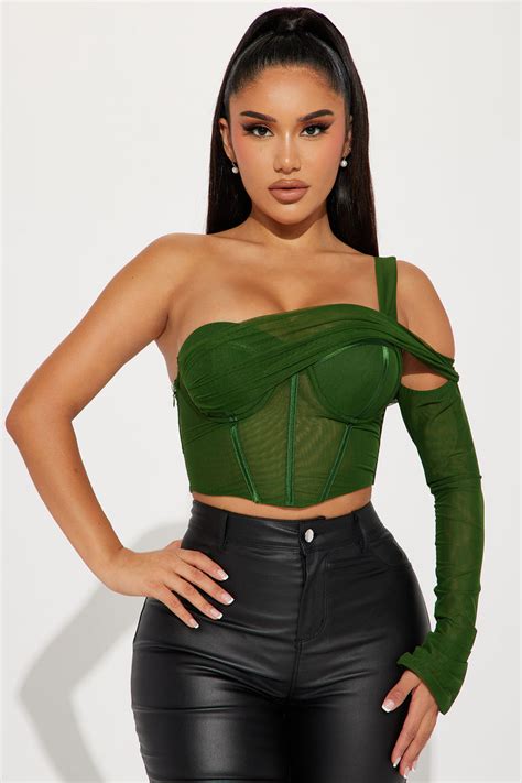 Michelle Mesh Corset Top Olive Fashion Nova Knit Tops Fashion Nova