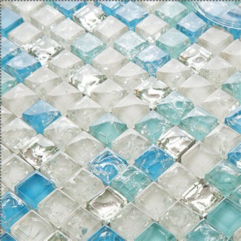 Sea Blue Tile Backsplash Crystal Glass Mosaic Crackle Patterns Shower Wall Tile Design Glossy