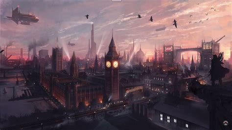 London Steampunk City Fantasy Landscape Environment Concept Art