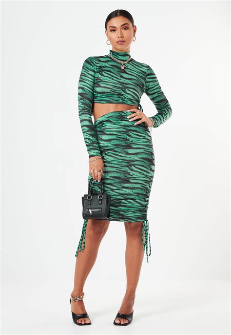 Lissy Roddy X Missguided Green Zebra Print Slinky Ruched Midaxi Skirt