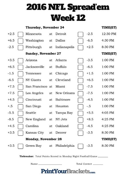 Week 12 Nfl Schedule Printable Customize And Print