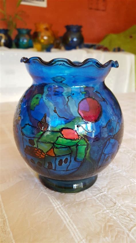 Home interior glass candle holders. Blue glass magic lantern candle holder, hand painted by ...