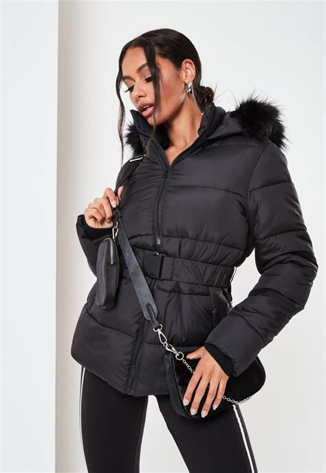 Black Faux Fur Hood Belted Puffer Coat Missguided