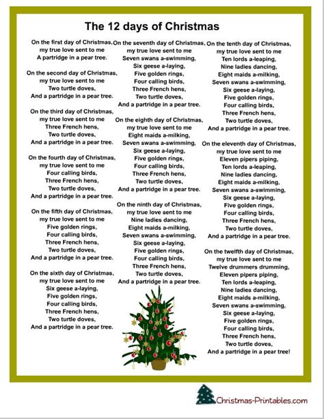 Keep reading to learn more about the carol and its origins! the 12 days of christmas carol printable | Christmas ...