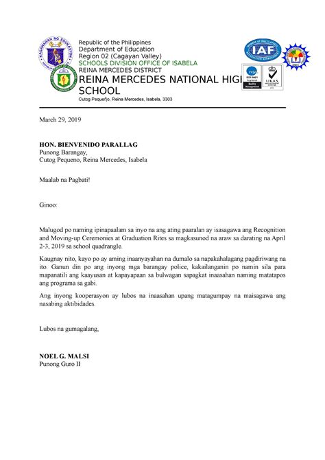 Letter To Barangay Captain Republic Of The Philippines Department Of