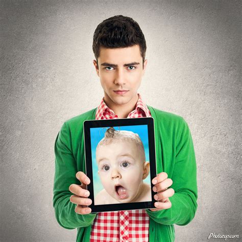 Create Funny Photo Montage Young Guy Showing Tablet