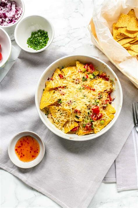 Healthy Vegetarian Nachos With Nachos Red Onions Tomatoes Jalapeno