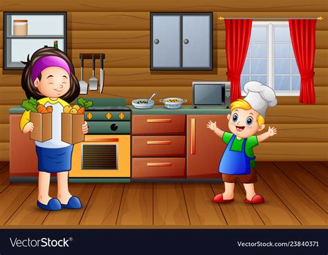 cartoon mother and son in the kitchen royalty free vector