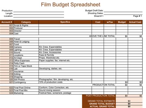 Film Budget Template For Excel® 5 Spreadsheets